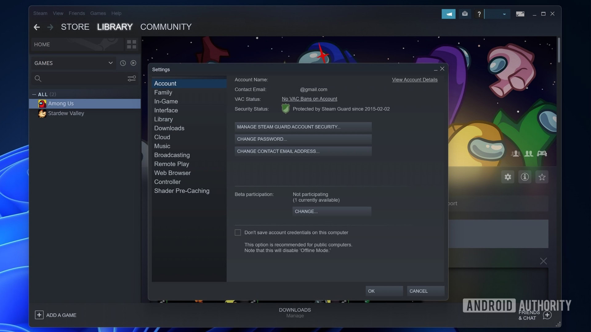 Steam account settings