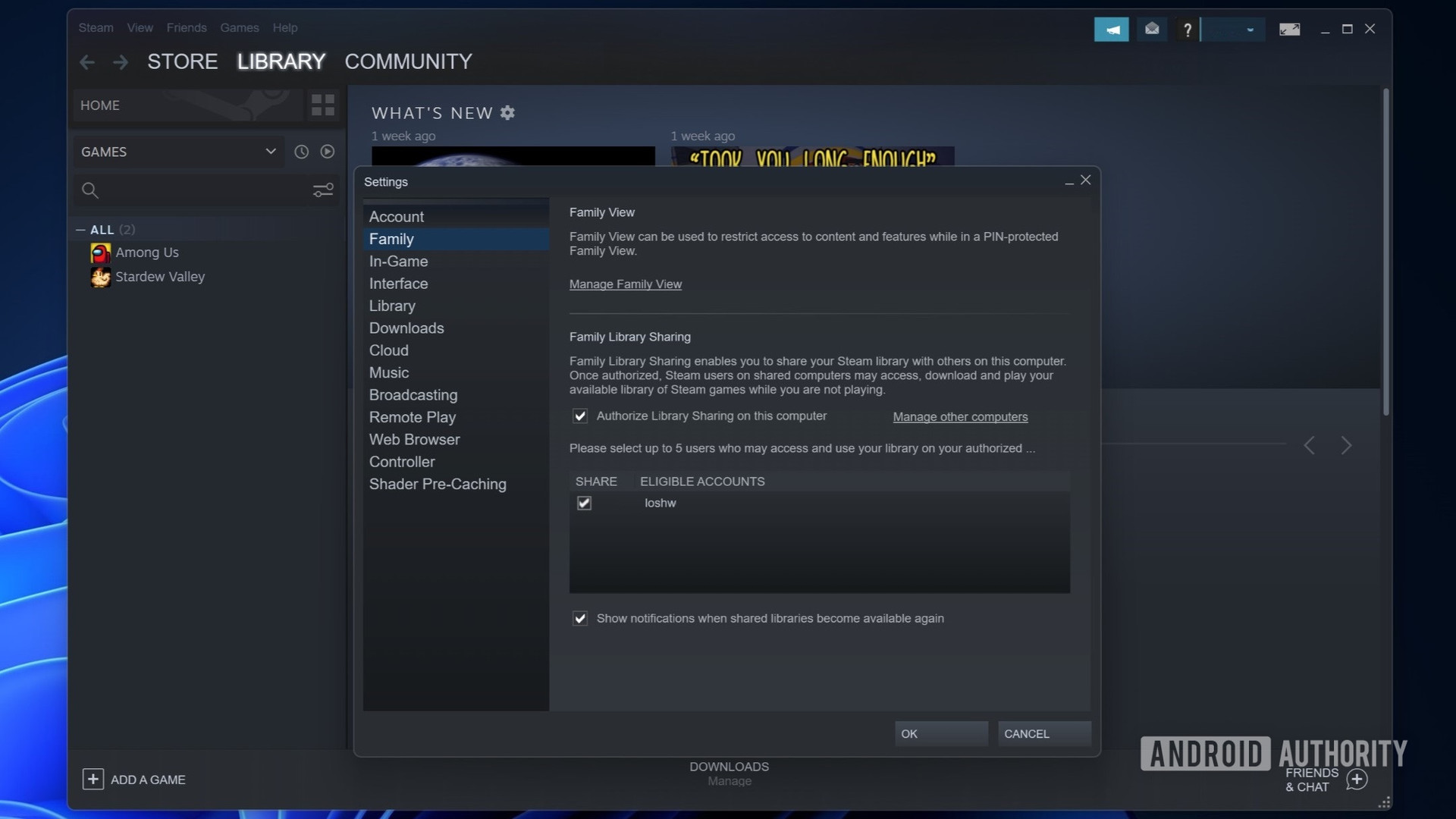 Steam library sharing settings