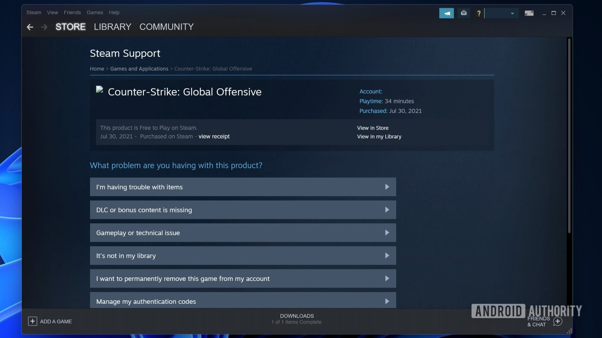 Steam support game screen