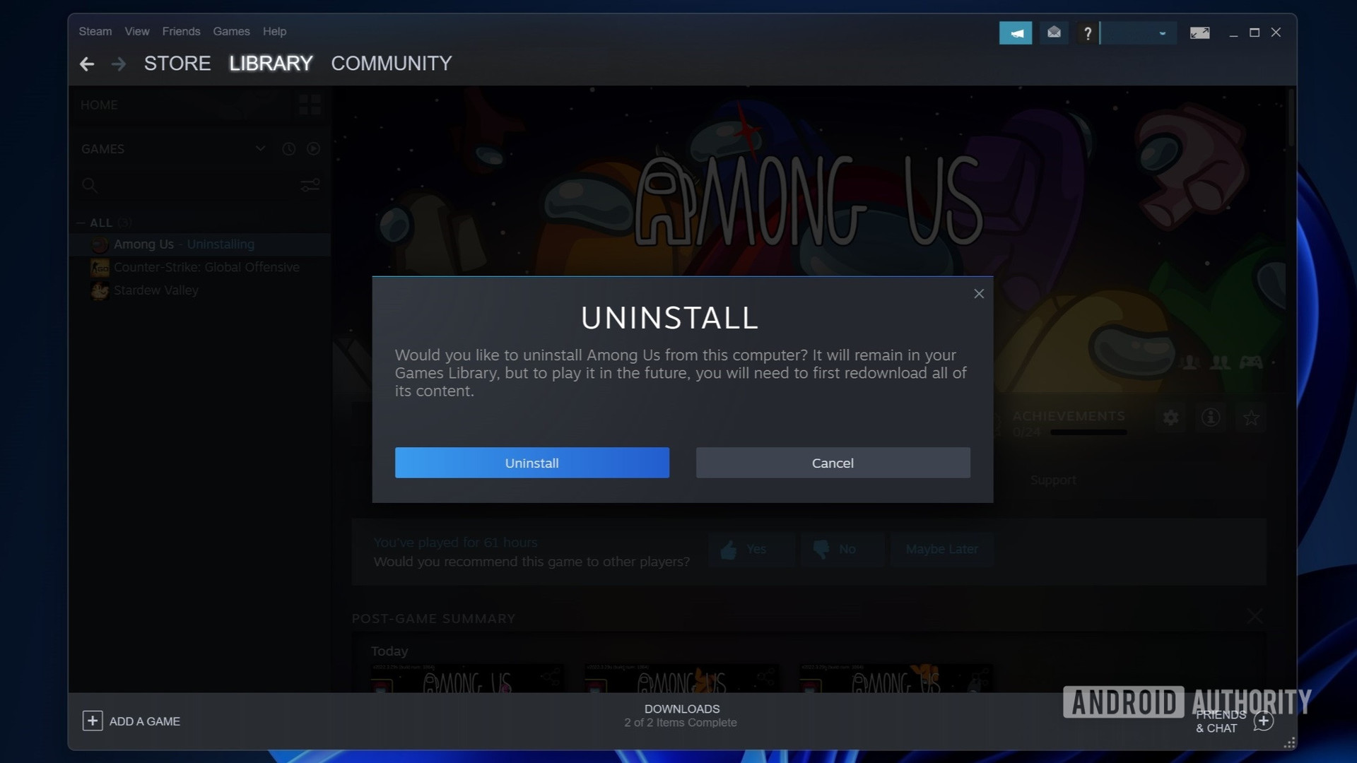 Steam uninstall game confirmation