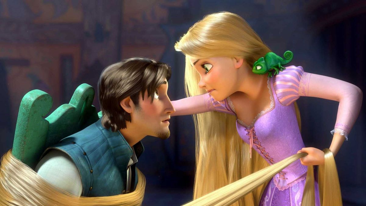 Rapunzel tying Flynn to a chair using her long hair in Tangled - best disney plus kids movies
