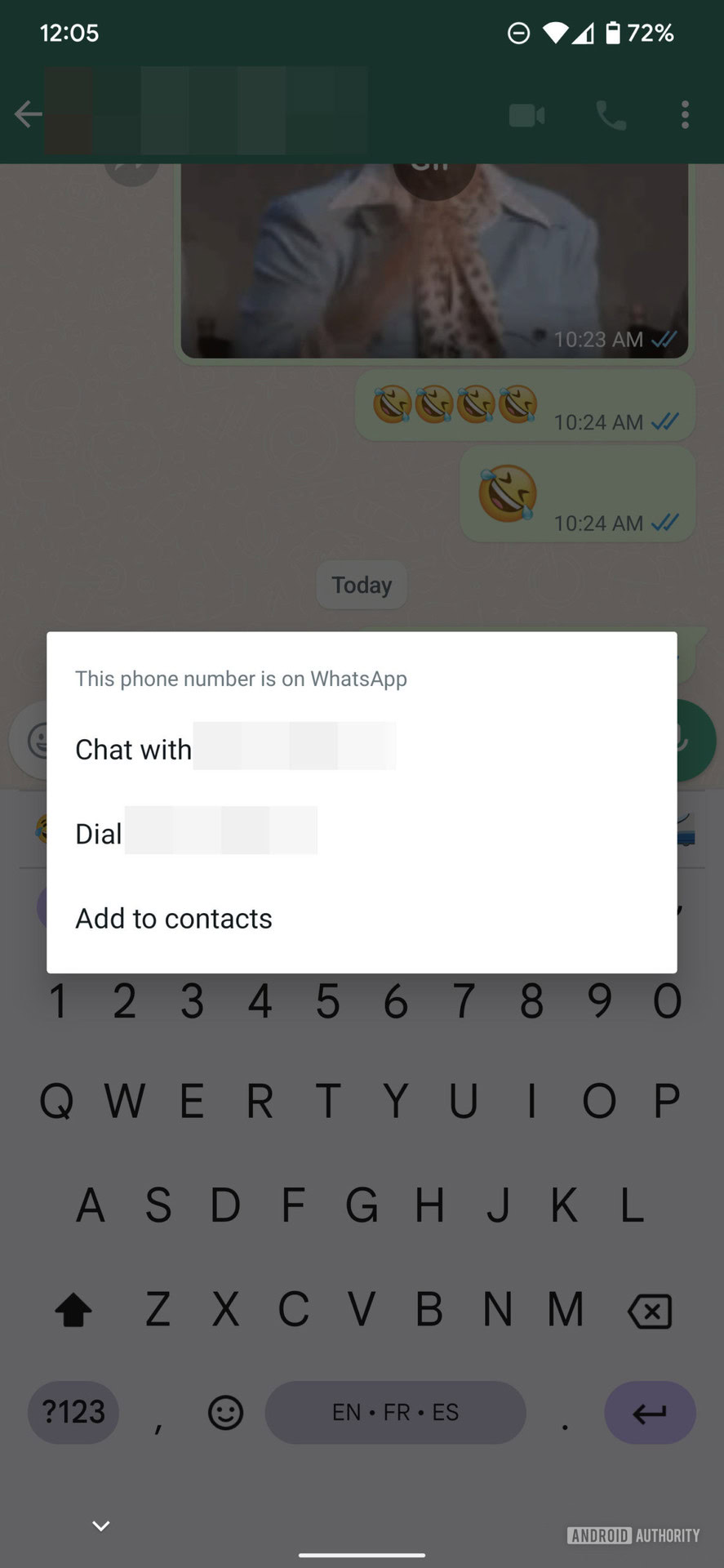 WhatsApp unsaved number menu