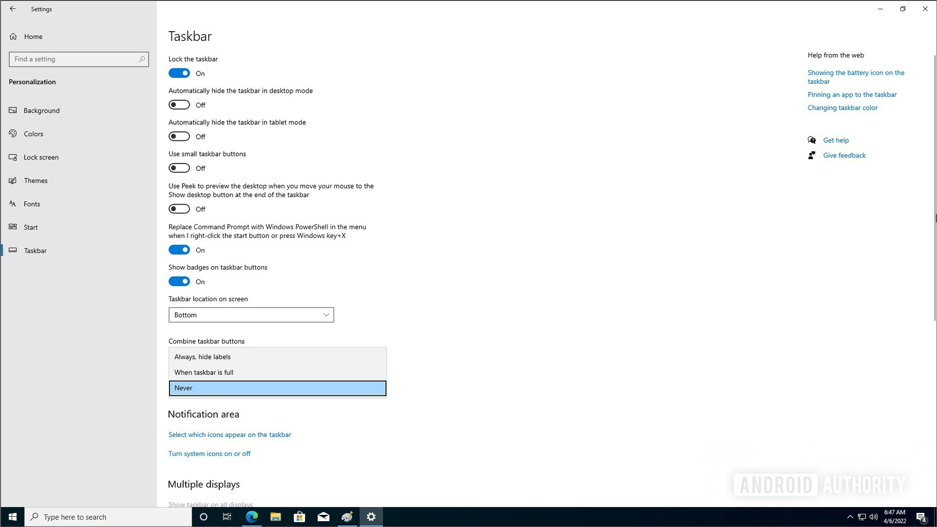 Windows 10 never combine taskbar buttons