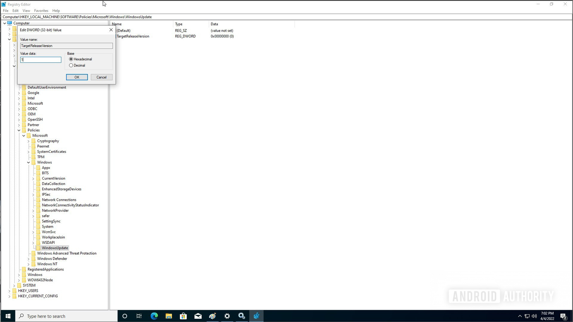 Windows 10 regedit TargetReleaseVersion editor