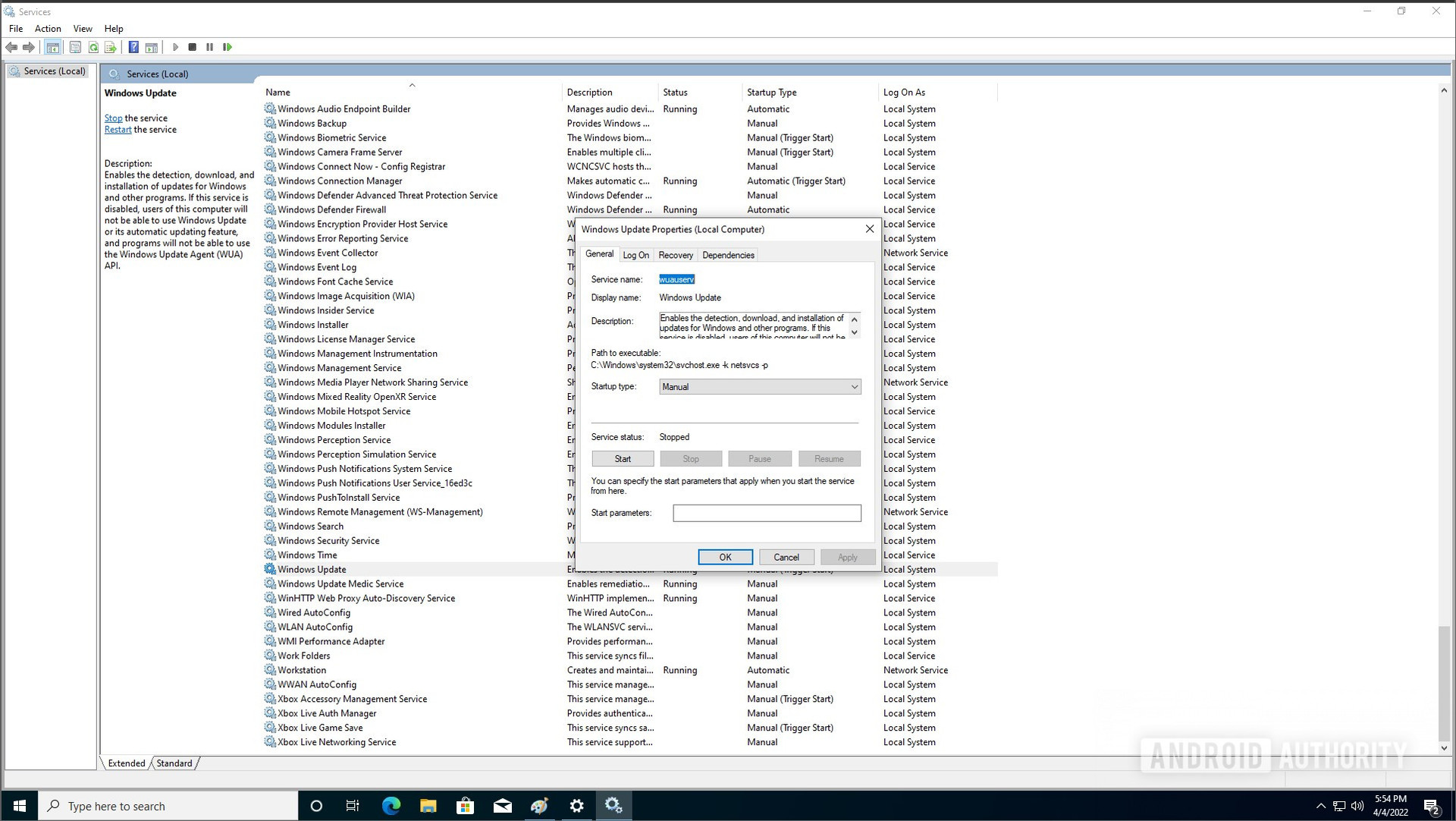 Windows 10 services Windows update settings