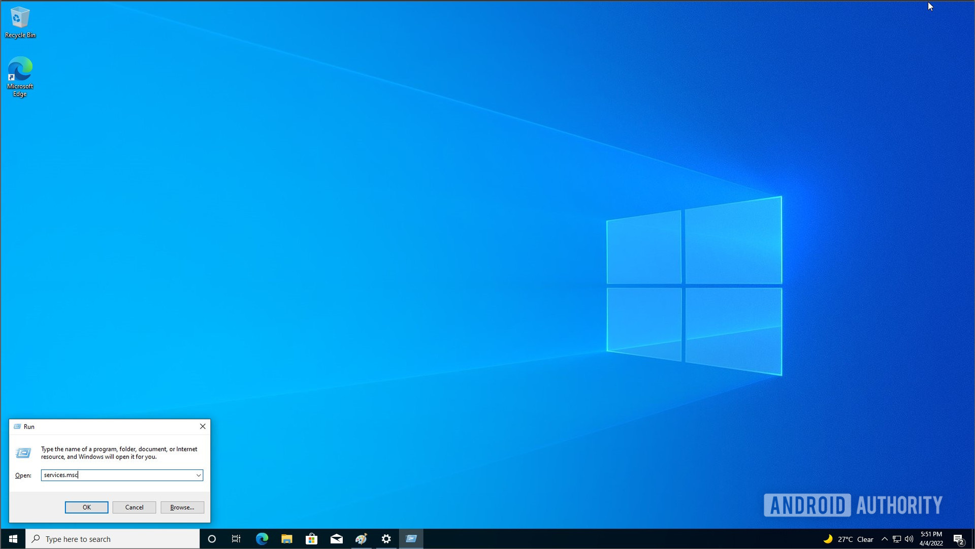 Windows 10 services run dialog