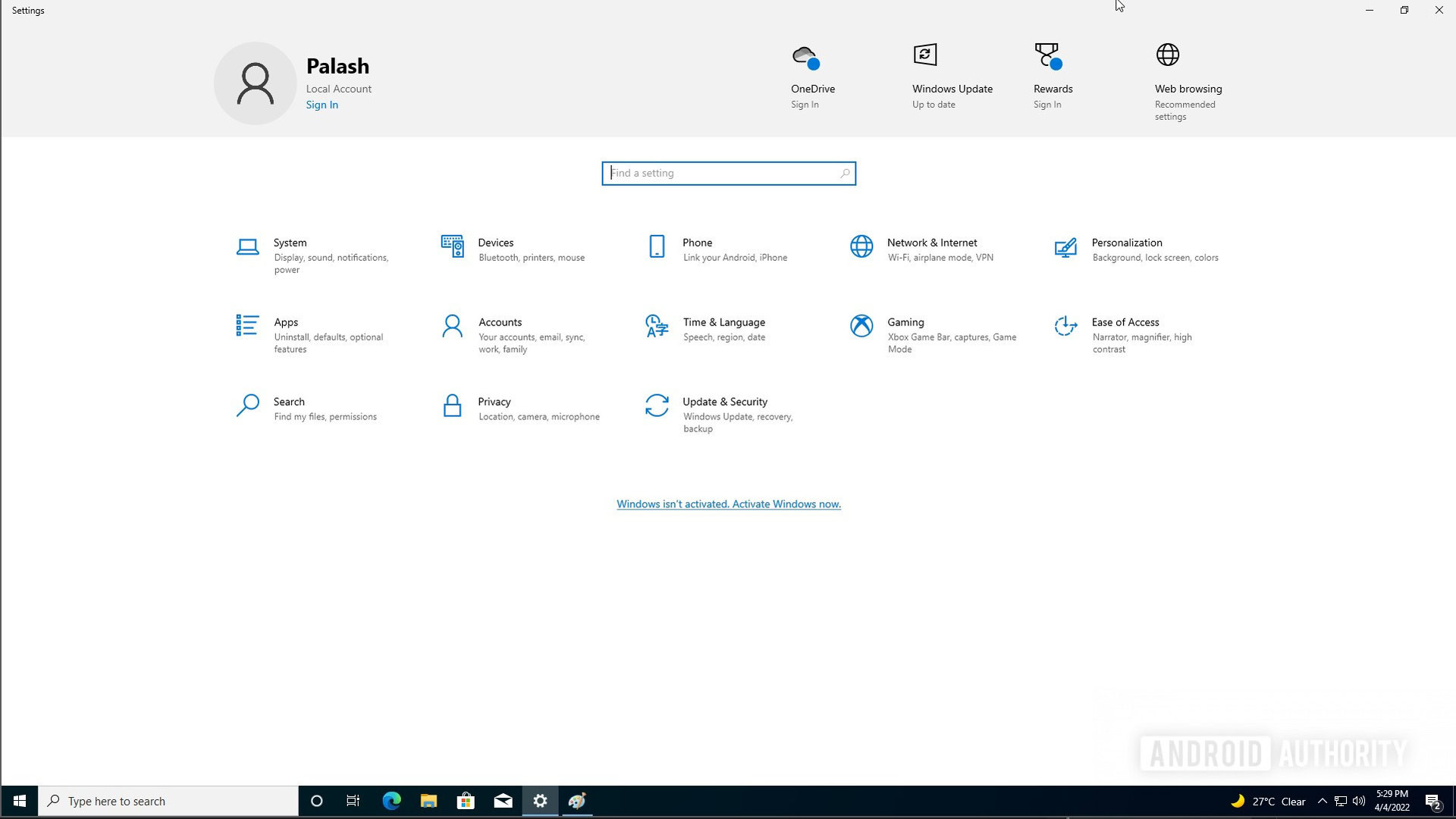 Windows 10 settings