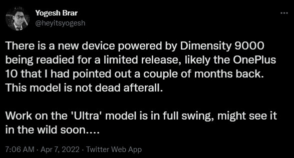 Yogesh Brar OnePlus 10 Dimensity 9000 Twitter