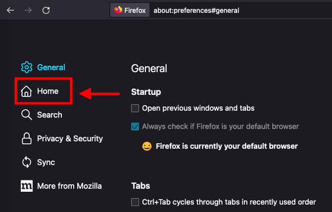 The settings page of Firefox, with the Home button highlighted.
