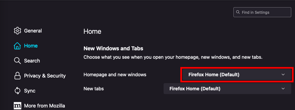 The Home menu of Firefox settings, with the Firefox homepage button highlighted.