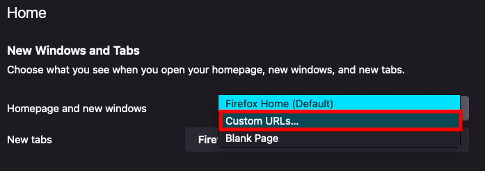 The Homepage selection menu expanded in the settings of Firefox.
