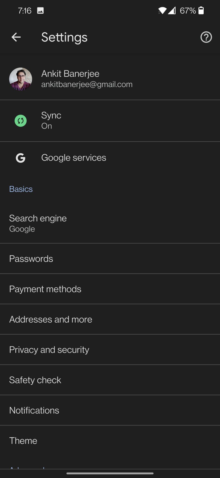 chrome mobile settings menu