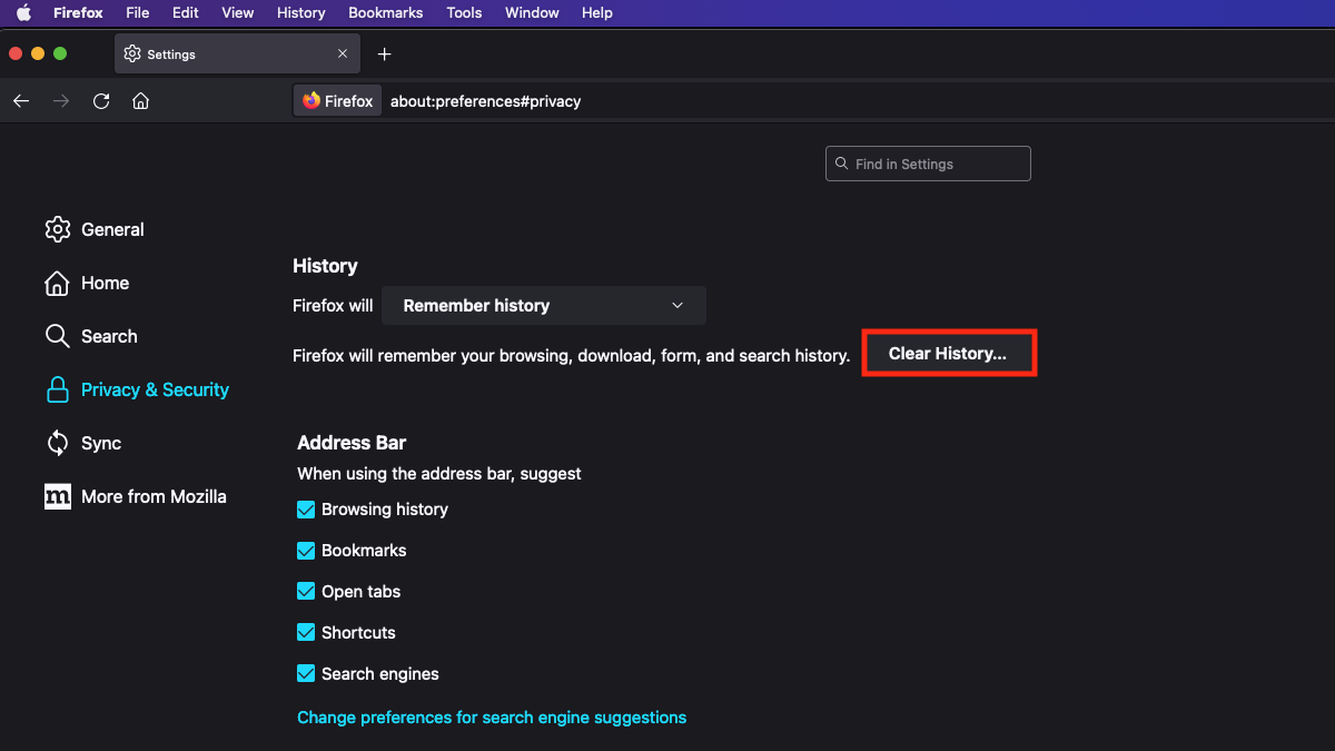 The Privacy and security menu of Firefox for desktop with the Clear history button highlighted.