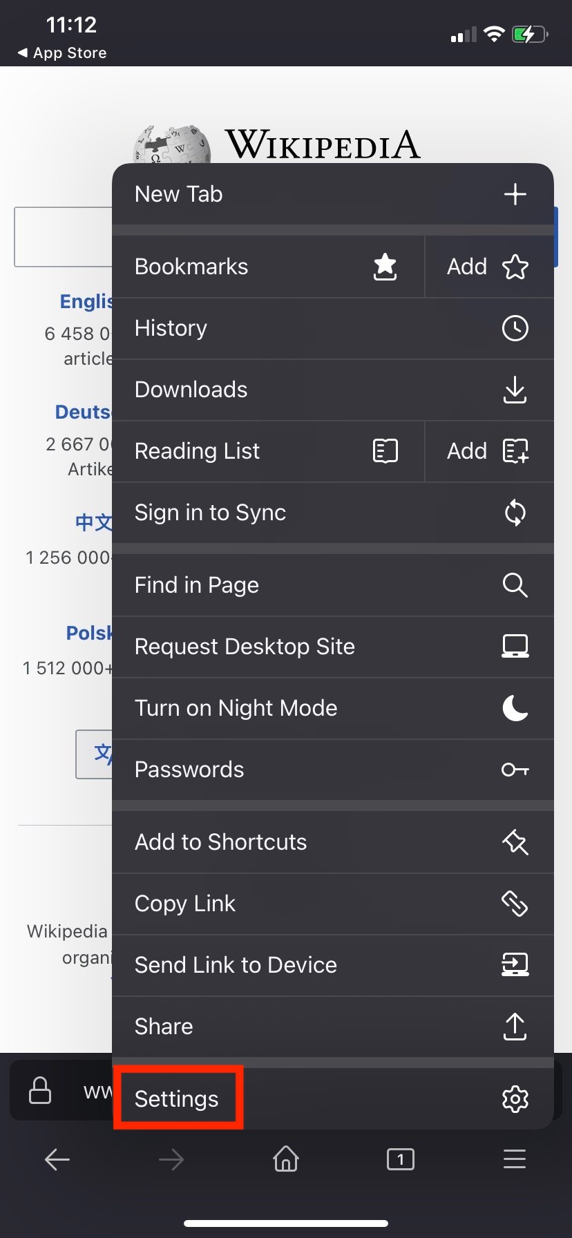 The bottom right menu of Firefox for iOS opened, with the Settings button highlighted.