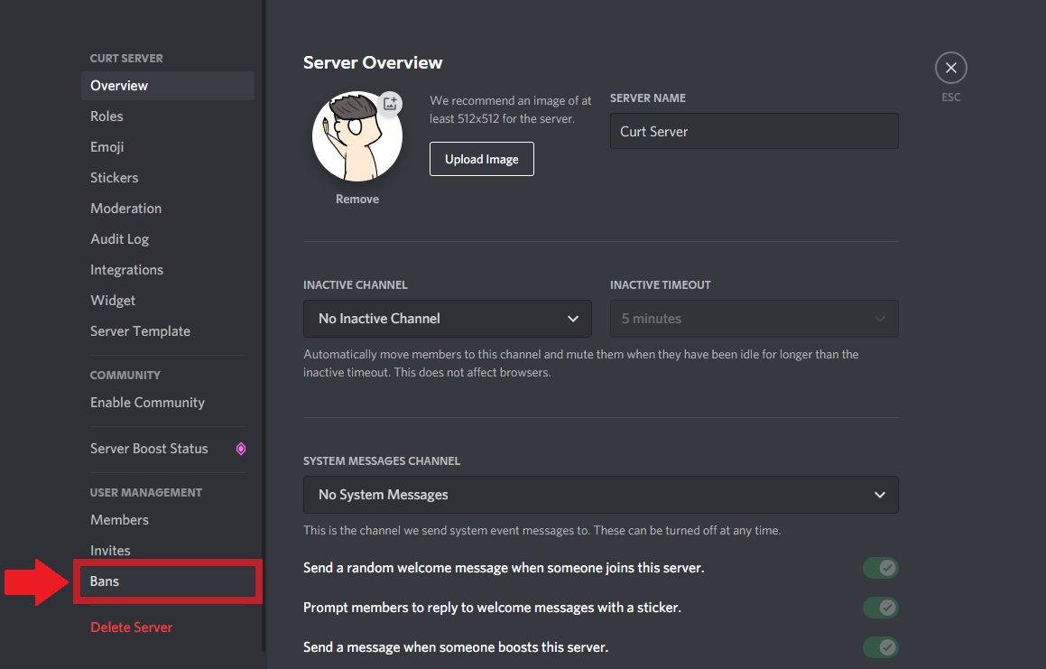 click bans within the settings of the server