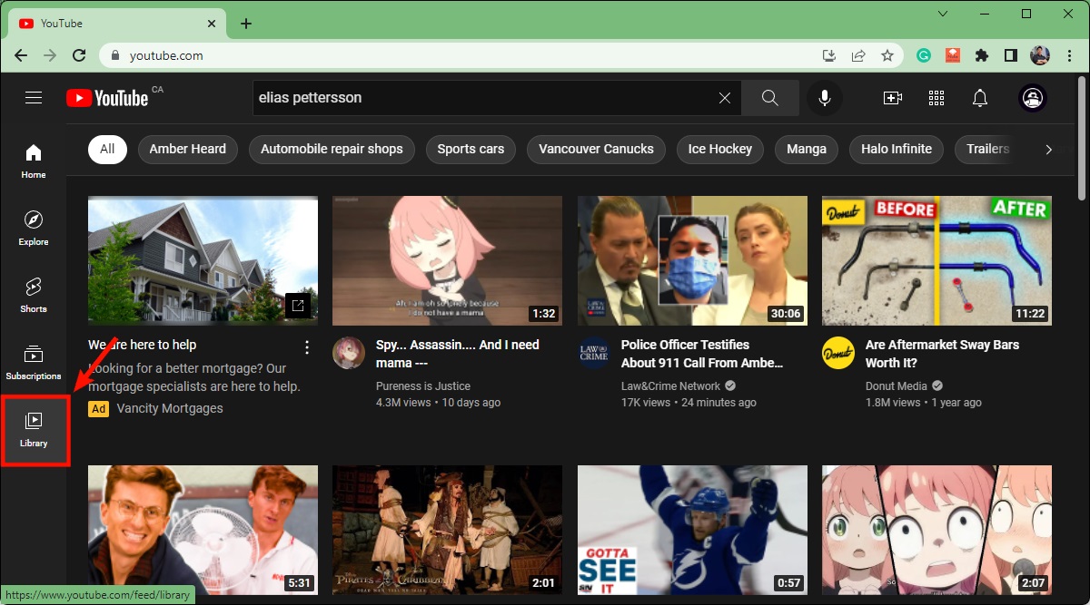click library from the home screen on youtube
