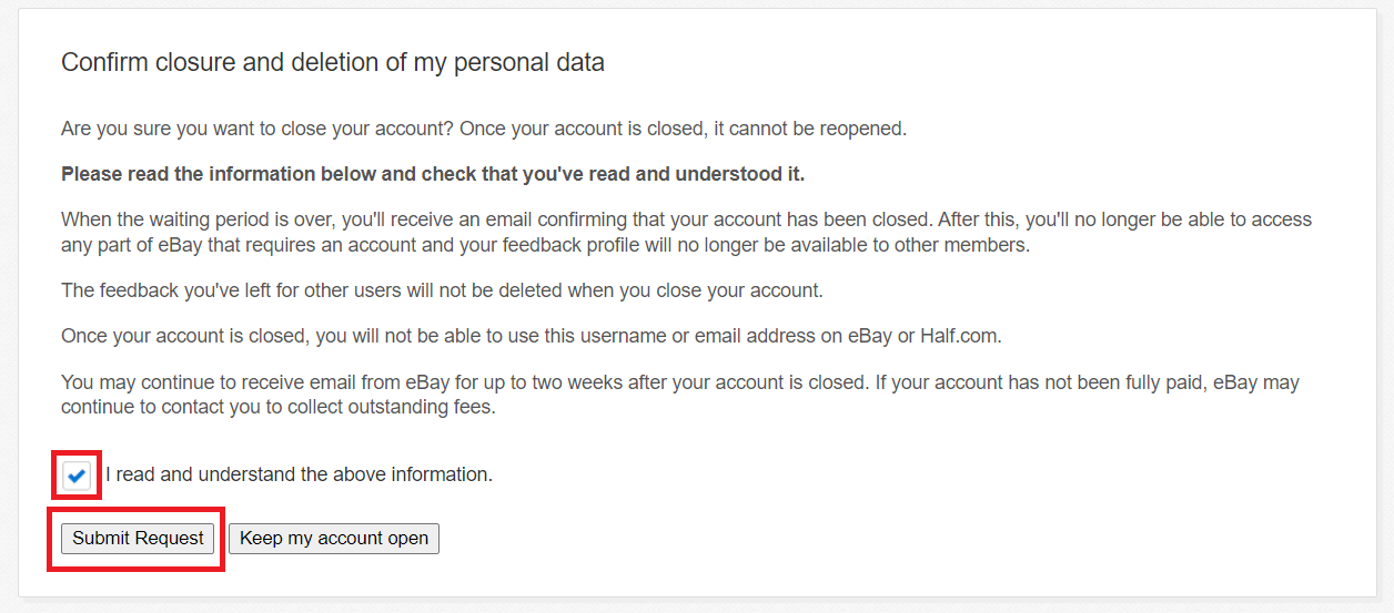 delete ebay account request