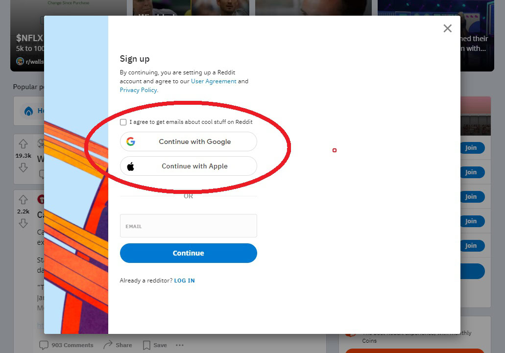 continue with google or apple reddit