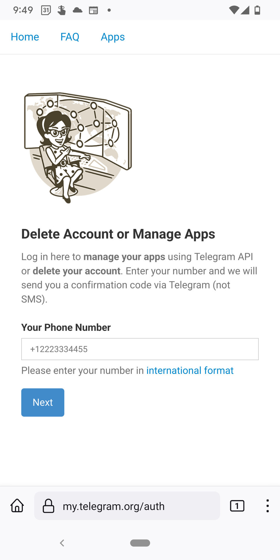 The Telegram web portal auth page. It reads "Delete Account or Manage Apps" and there is a field to enter a phone number under which is a blue 'Next' button.