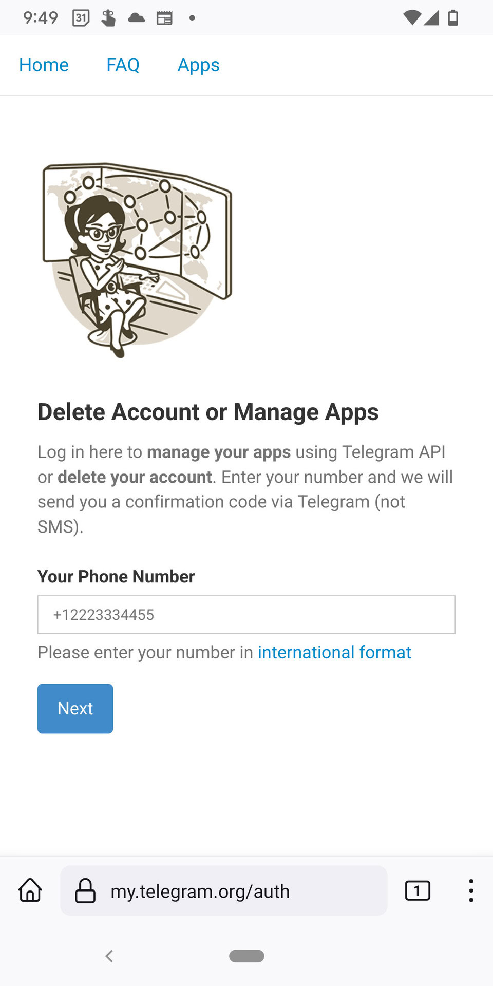 Verificatiepagina van het Telegram-webportaal.  jij leest "Account verwijderen of apps beheren" Er is een veld voor het invoeren van een telefoonnummer met een knop eronder 