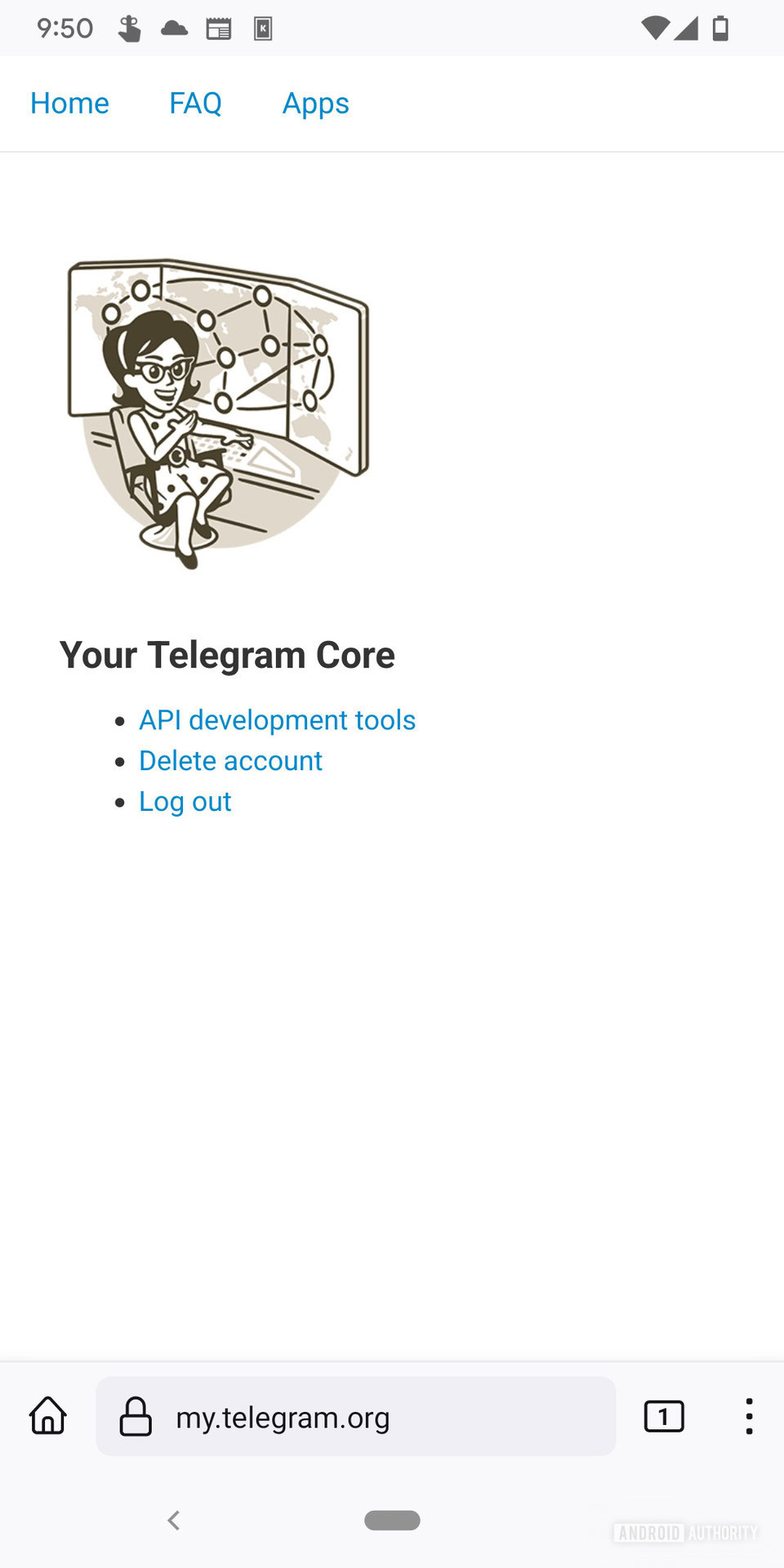 The Telegram web auth portal after logging in showing a headline that reads 'Your Telegram Core' with various options including 'Delete account'.