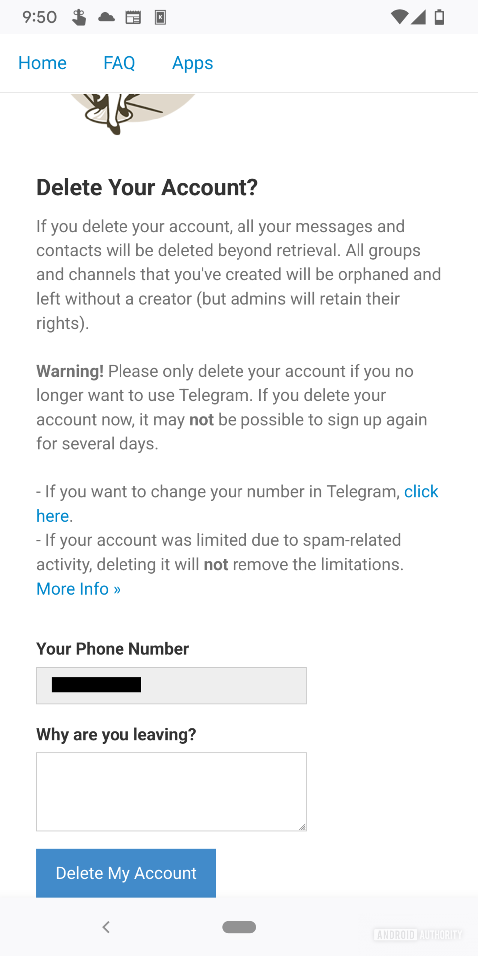 La página de eliminación de cuenta del portal web de Telegram que incluye una advertencia que incluye detalles de lo que sucede al eliminar la cuenta y un campo para ingresar un motivo para eliminar la cuenta debajo del cual hay un botón azul que dice 