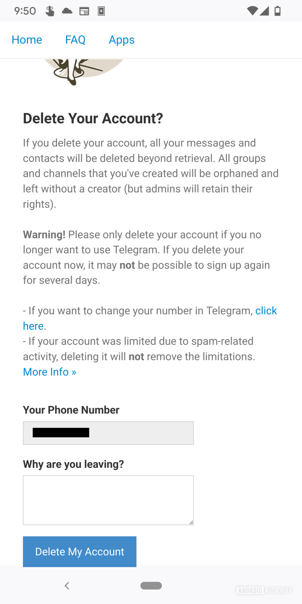 Accountverwijderingspagina in de Telegram-webportal die een waarschuwing bevat waarin wordt beschreven wat er gebeurt wanneer het account wordt verwijderd en een veld om de reden in te voeren voor het verwijderen van het account hieronder, een blauwe knop met de tekst 