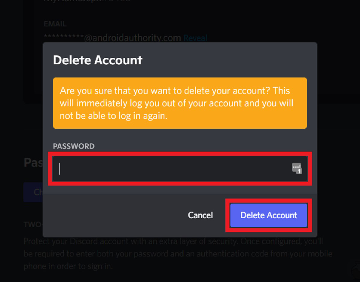 enter password and delete account