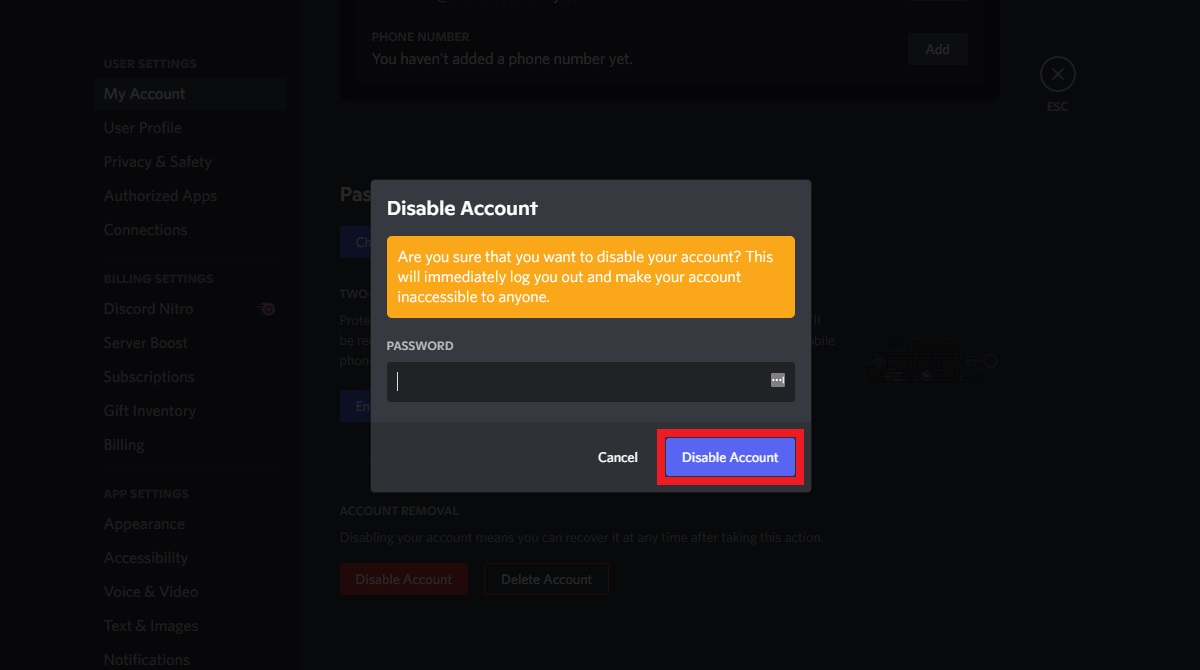 enter password to disable account