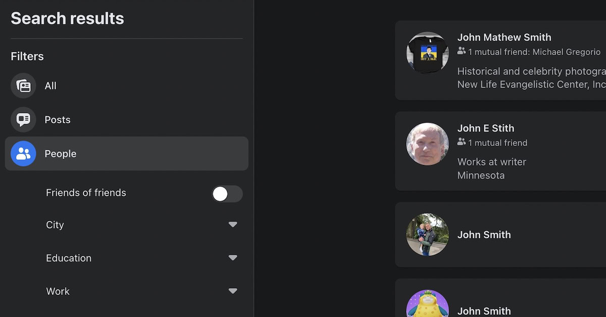 facebook search results people filter