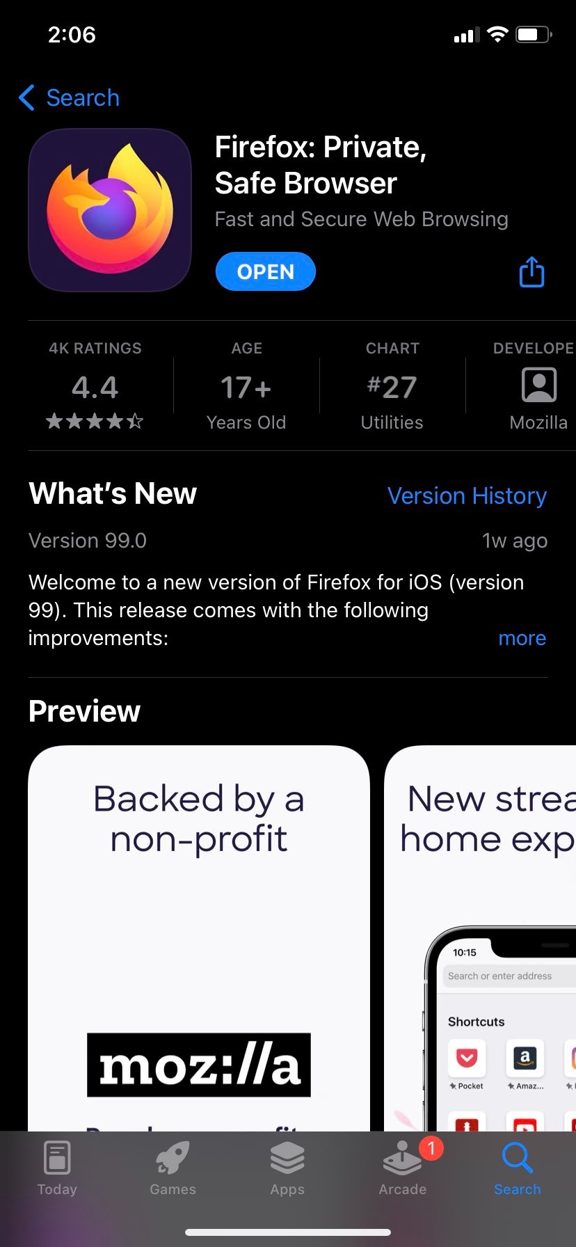 Firefox for iOS in the Apple App Store.