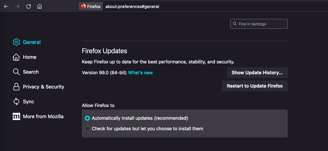 The update section of the general settings menu on Firefox for desktop.