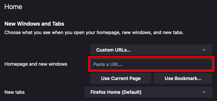 The URL field in the homepage settings section of Firefox.