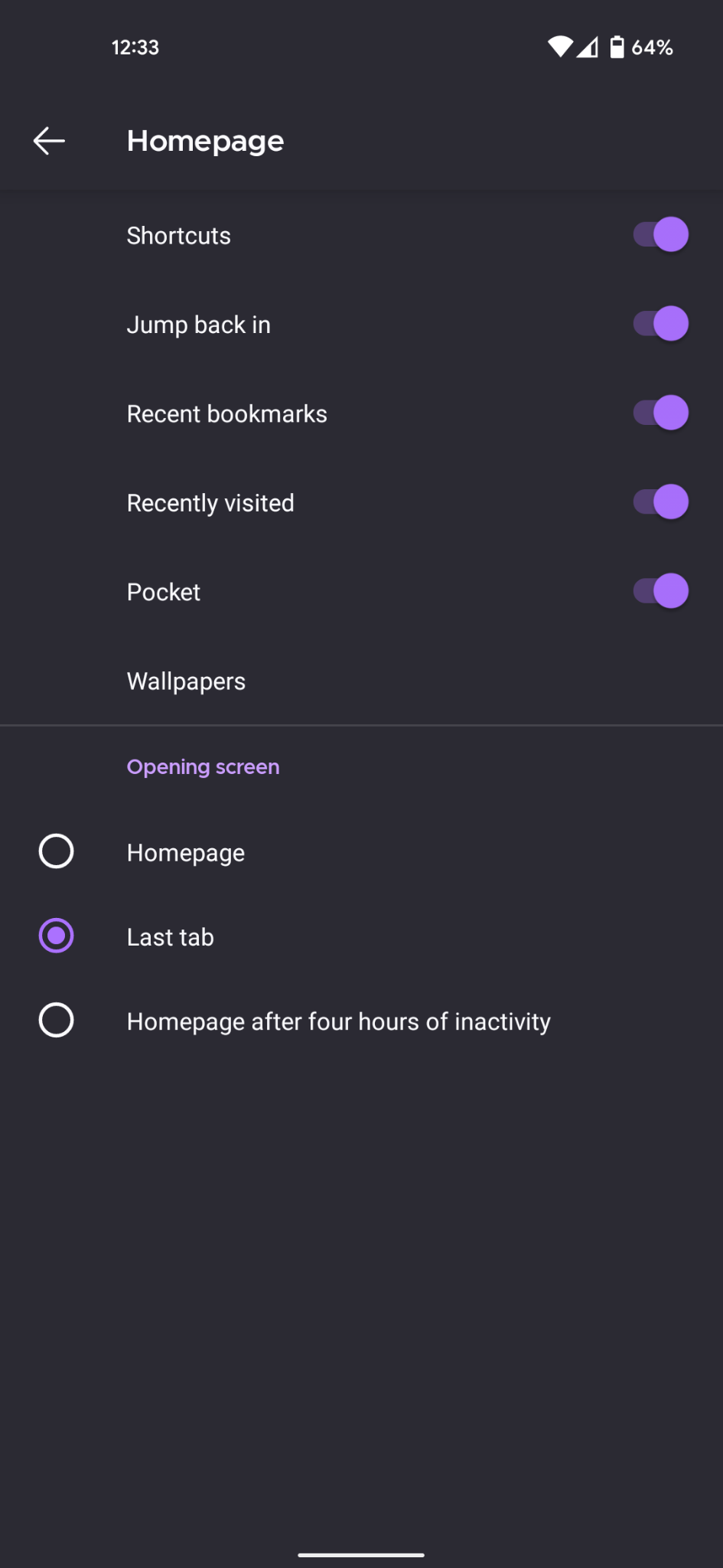 Homepage settings for Firefox for Android, showing the different homepage customization selections.