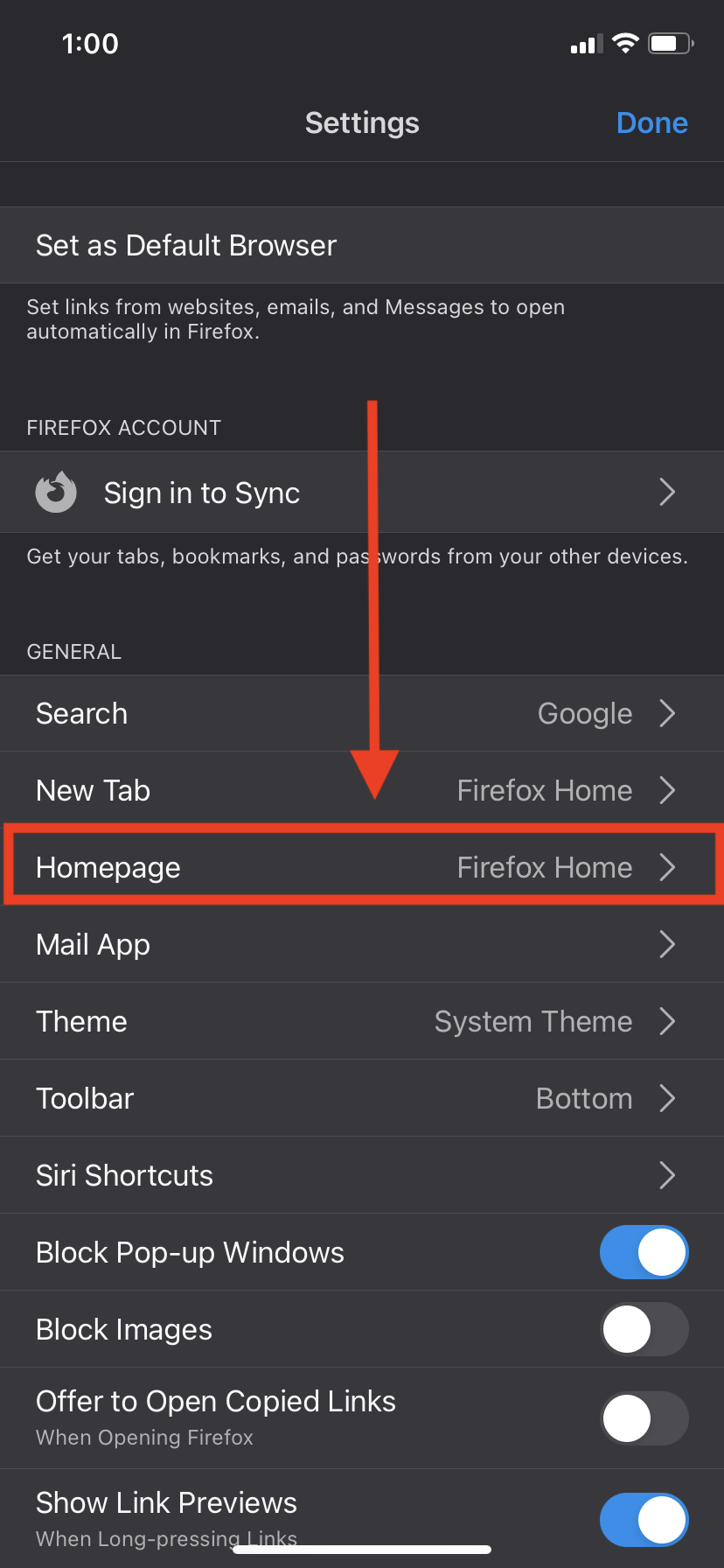 The settings menu of Firefox for iOS, with the Homepage menu highlighted.