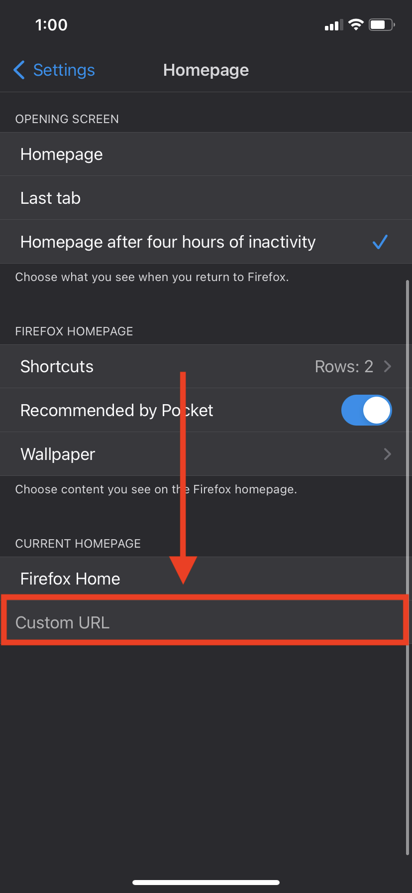 The homepage menu of Firefox for iOS settings, with the Custom URL field highlighted.