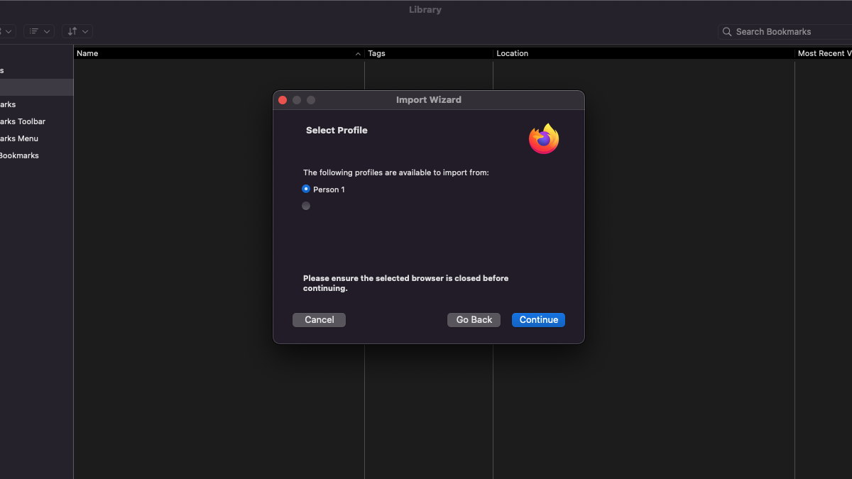 Panduan impor di Firefox untuk desktop menampilkan pemilihan profil.