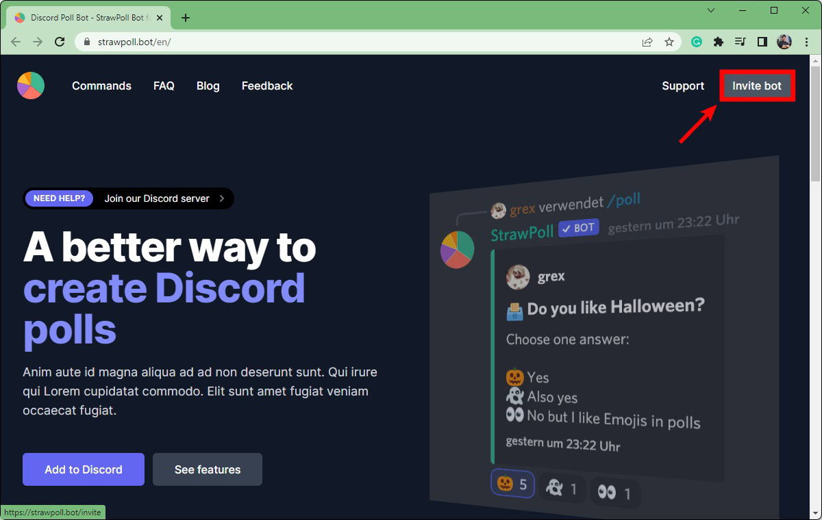 invite bot button on strawpoll