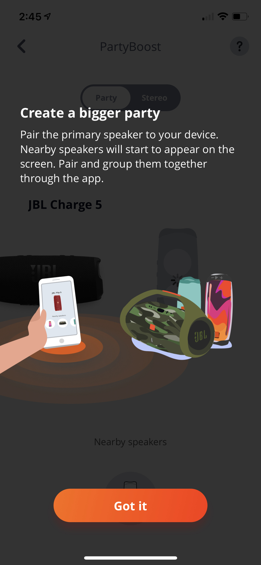 Screenshot of JBL Connect app PartyBoost feature.