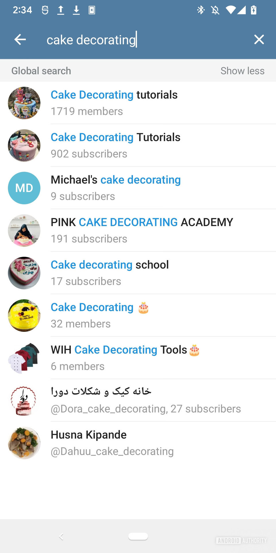 A search for Telegram groups inside the mobile app for 'cake decorating' with the results visible.