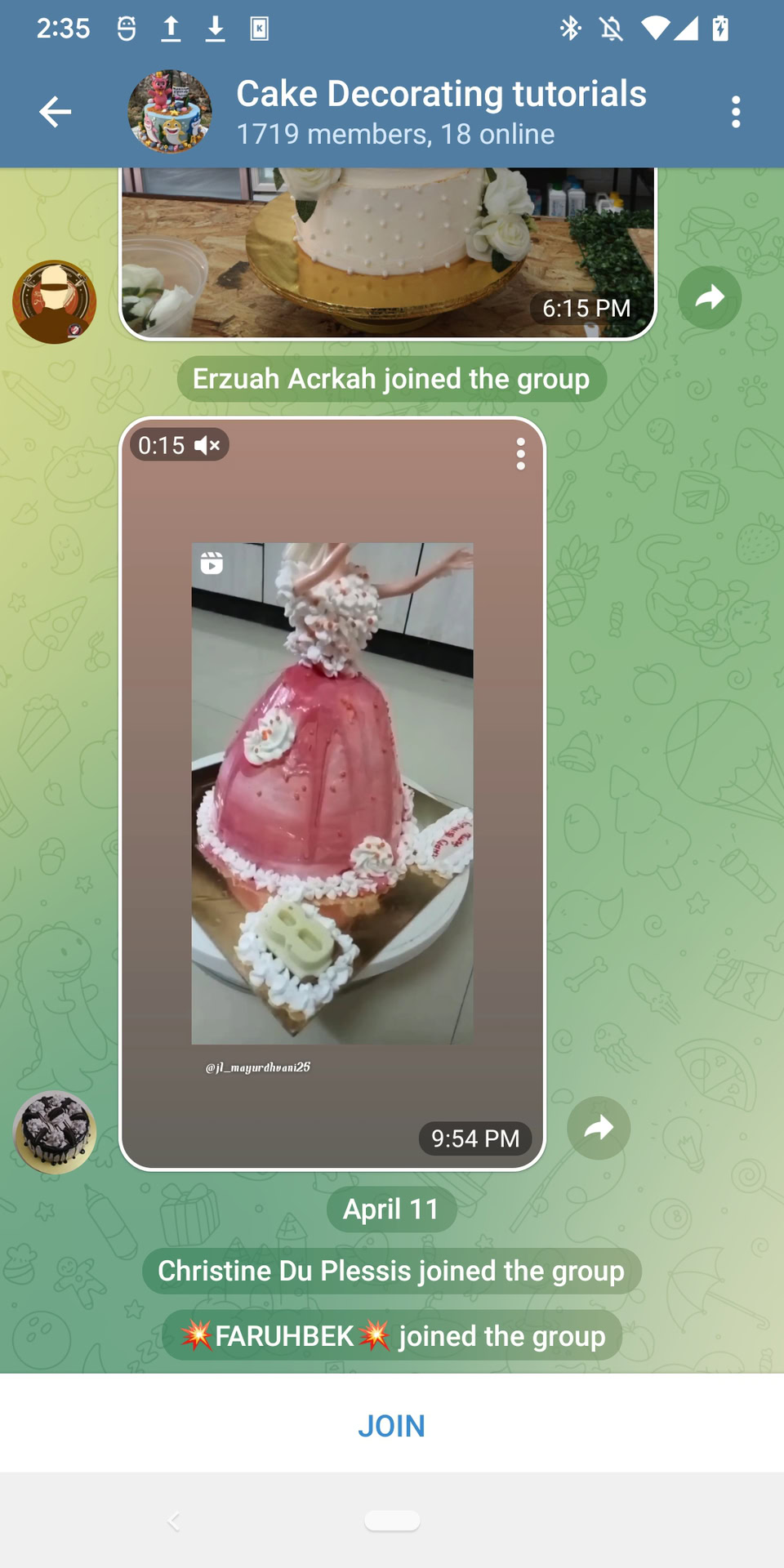 A public Telegram group called 'Cake Decorating tutorials' with messages visible and a 'Join' button at the bottom.