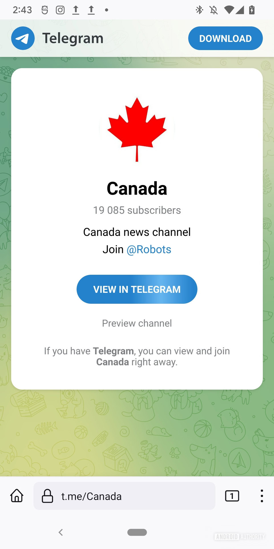 The webpage for 'https://t.me/Canada' showing the groups name of 'Canada' and its logo of the group of a red Canadian maple leaf and a blue button that reads 'View in Telegram'.
