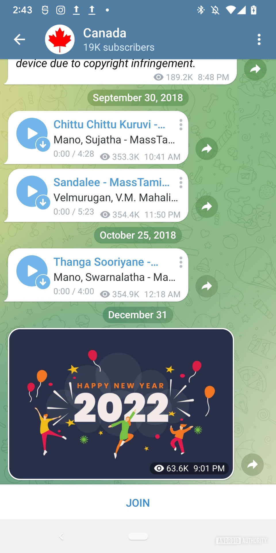 The 'Canada' Telegram group showing messages from various people in the group and a 'Join' button at the bottom.