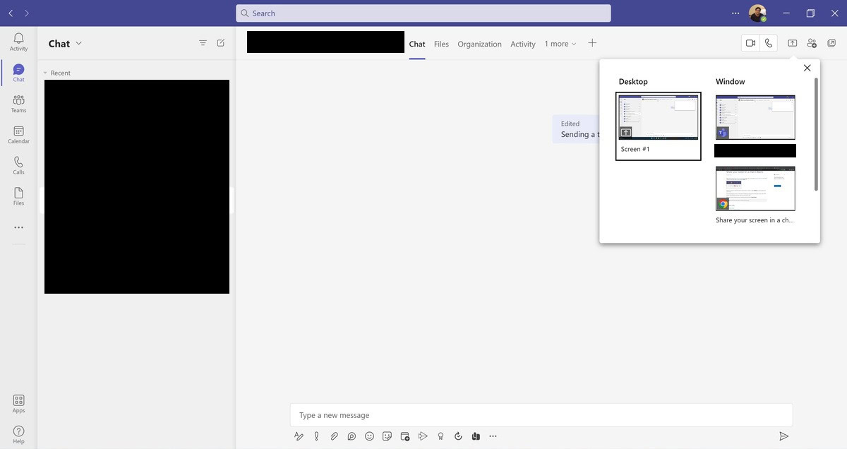 microsoft teams chat screen share options