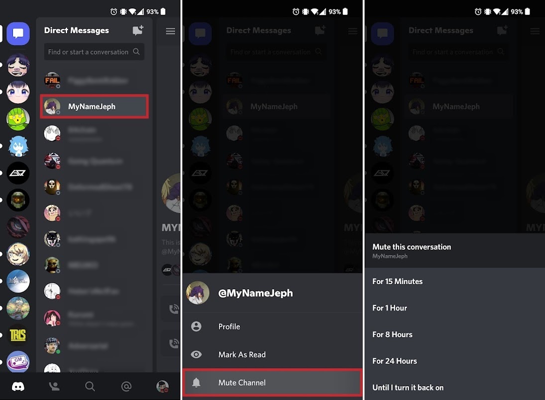 muting direct message discord mobile
