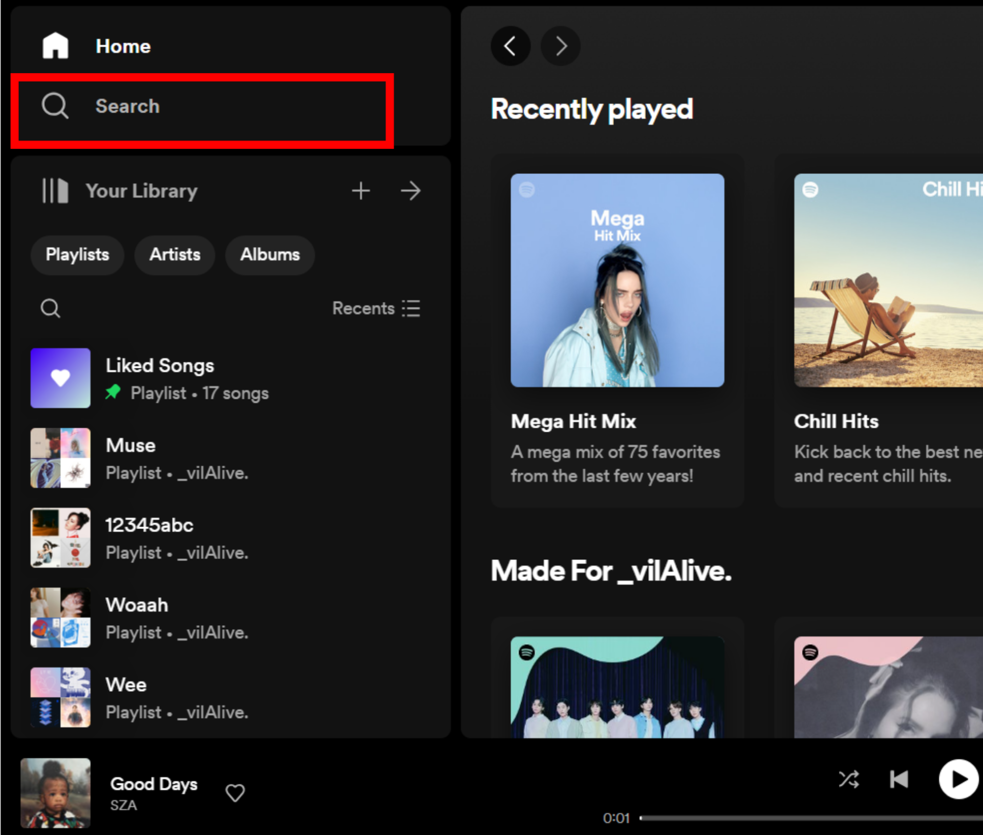Spotify desktop home screen search tab