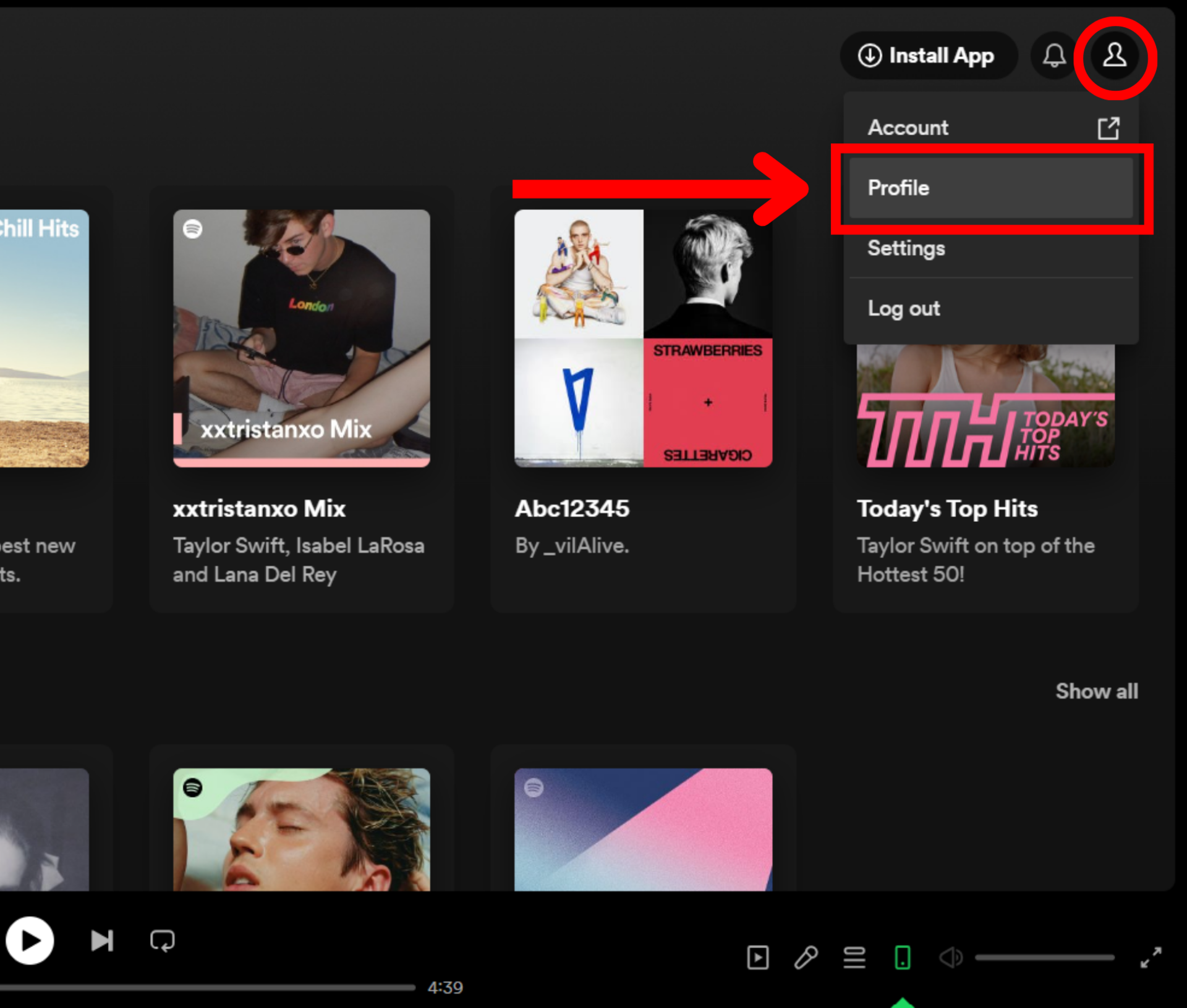 Spotify デスクトップのホームページ オプション メニュー プロファイル