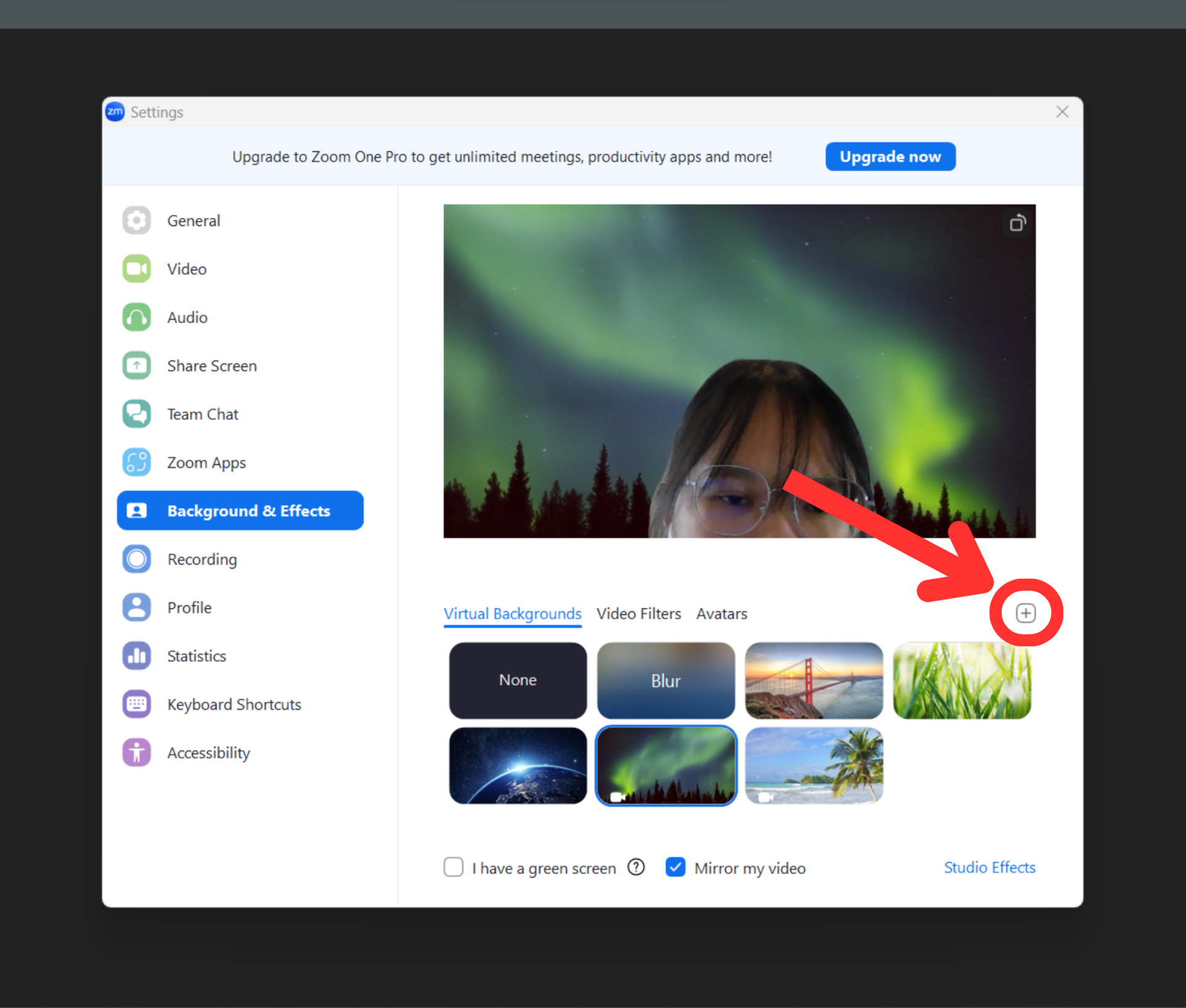 zoom desktop meeting choose virtual background window plus icon