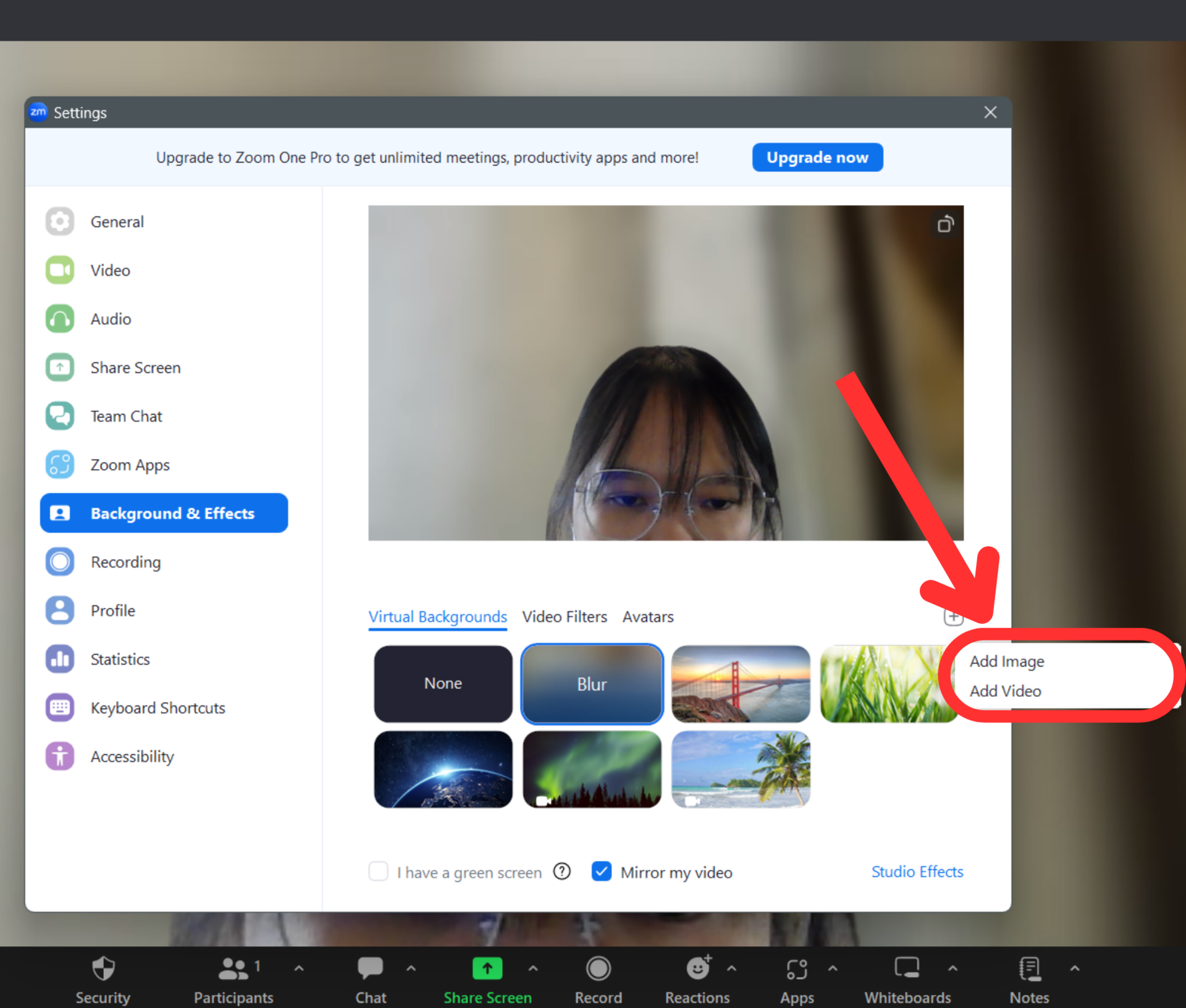 zoom desktop meeting choose virtual background window plus icon add image