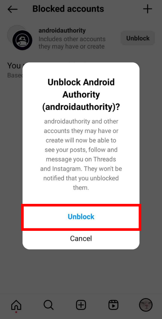 Instagram app unblock confirmation
